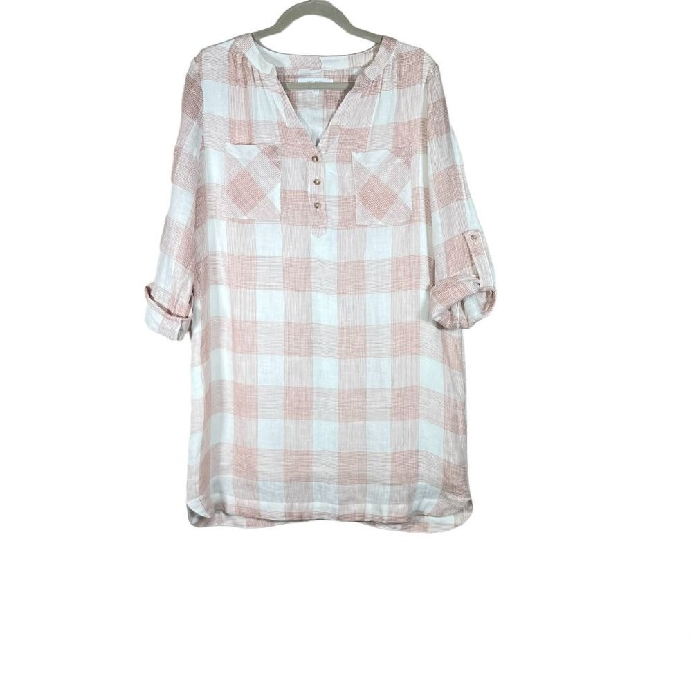 First Monday Anthropologie Plaid Linen Dress Small Lined Long Sleeve Shirt Dress